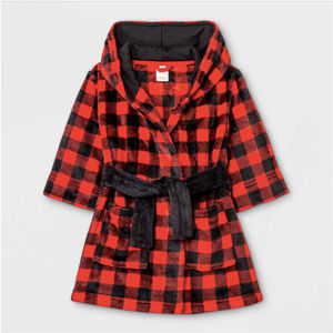 NEW Cat & Jack Toddler Hooded Buffalo Check Robe Red Black Size 2T/3T UNISEX